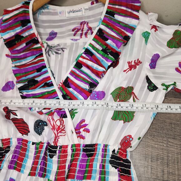 Vintage Mosaic Ruffled Mini Dress Womens XS Summer Beach Coastal Vacation - Picture 13 of 16